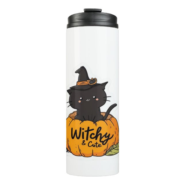 Cute black cat in pumpkin with witch hat, kawaii s thermal tumbler (Front)