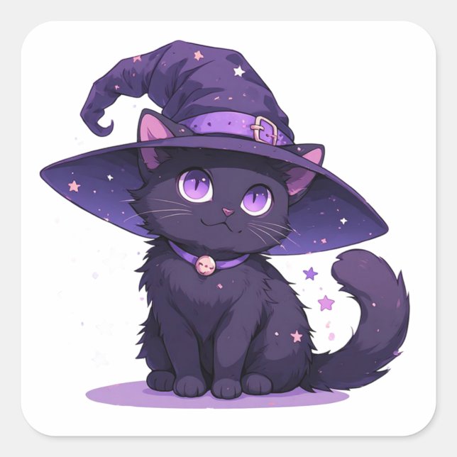 Cute Black Cat In Purple Witch Hat Magic ✨ Square Sticker (Front)