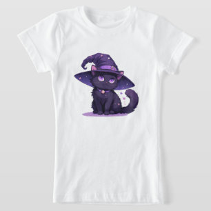 Cute Black Cat In Purple Witch Hat Magic ✨ T-Shirt