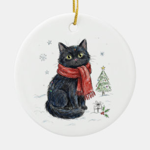 Cute Black Cat in Red Scarf Christmas Tree Winter Ceramic Tree Decoration