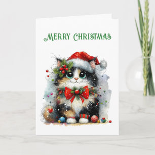 Cute Black Cat in Santa Hat Green Merry Christmas Card