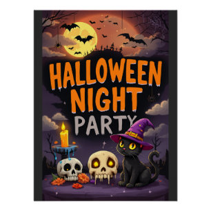 Cute Black Cat in Witch Hat Halloween Night Party Poster