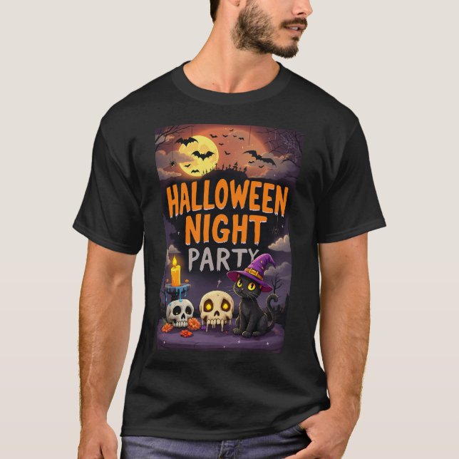 Cute Black Cat in Witch Hat Halloween Night Party T-Shirt (Front)