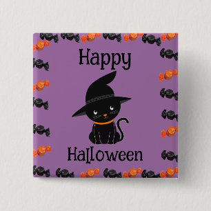 Cute Black Cat in Witch Hat Happy Halloween Purple 15 Cm Square Badge