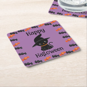 Cute Black Cat in Witch Hat Happy Halloween Purple Square Paper Coaster