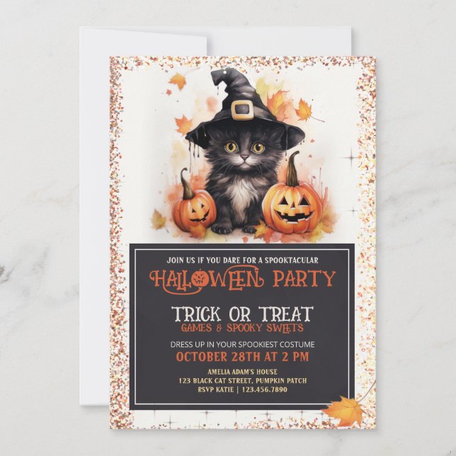 Cute Black Cat in Witch Hat Kids Halloween Party Invitation (Front)