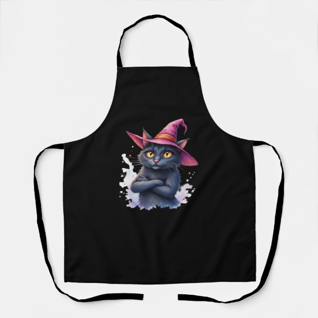 Cute Black Cat in Witch Hat – Magical Halloween Ar Apron (Front)