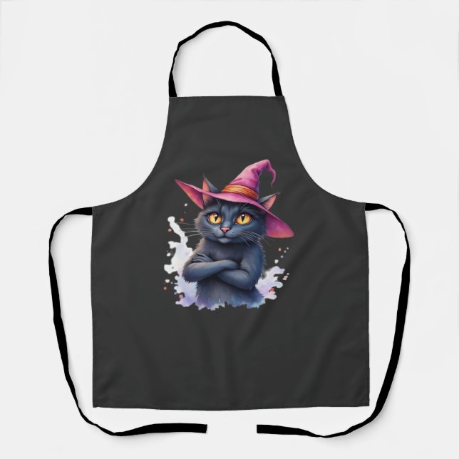 Cute Black Cat in Witch Hat � Magical Halloween Ar Apron (Front)