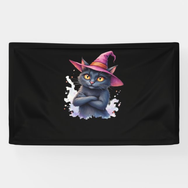 Cute Black Cat in Witch Hat – Magical Halloween Ar Banner (Horizontal)