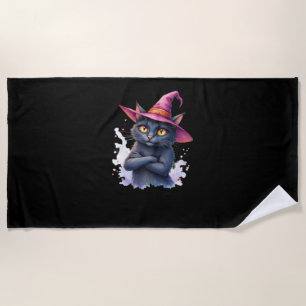 Cute Black Cat in Witch Hat – Magical Halloween Ar Beach Towel