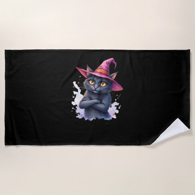 Cute Black Cat in Witch Hat – Magical Halloween Ar Beach Towel (Front)