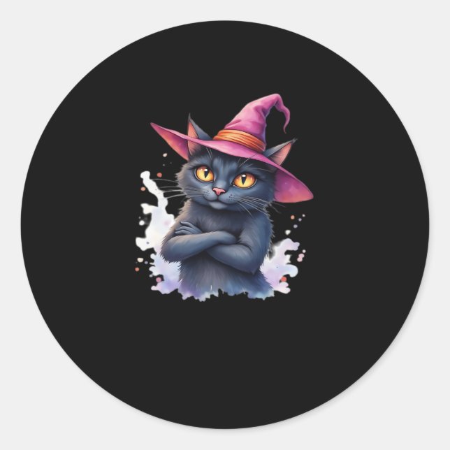 Cute Black Cat in Witch Hat � Magical Halloween Ar Classic Round Sticker (Front)