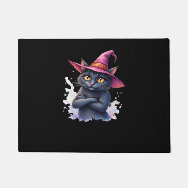 Cute Black Cat in Witch Hat – Magical Halloween Ar Doormat (Front)