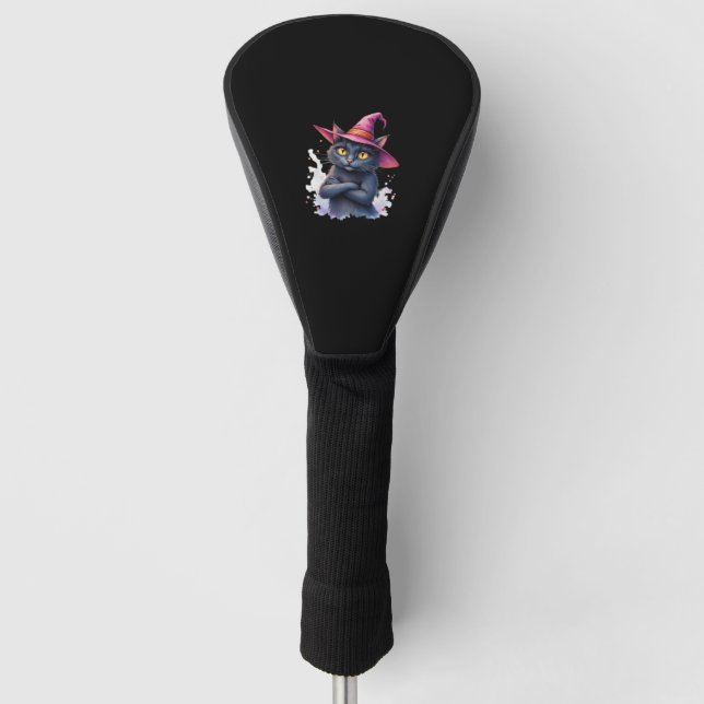 Cute Black Cat in Witch Hat – Magical Halloween Ar Golf Head Cover (Front)