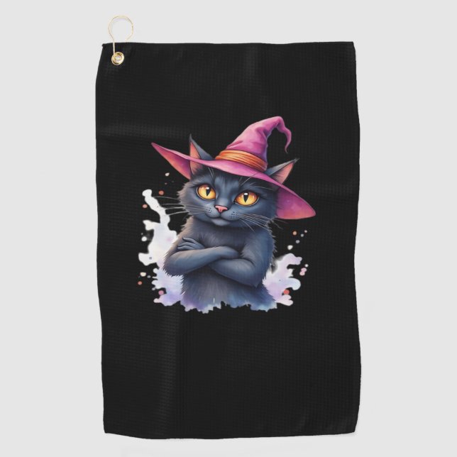 Cute Black Cat in Witch Hat – Magical Halloween Ar Golf Towel (Front)