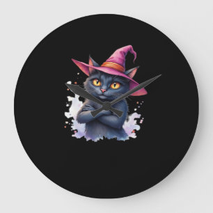 Cute Black Cat in Witch Hat – Magical Halloween Ar Large Clock