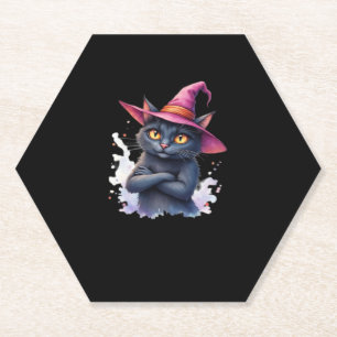 Cute Black Cat in Witch Hat – Magical Halloween Ar Paper Coaster