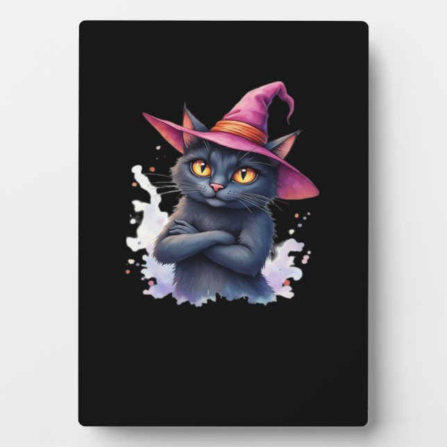 Cute Black Cat in Witch Hat � Magical Halloween Ar Plaque (Front)
