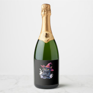 Cute Black Cat in Witch Hat � Magical Halloween Ar Sparkling Wine Label