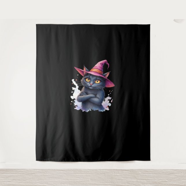Cute Black Cat in Witch Hat – Magical Halloween Ar Tapestry (Front)