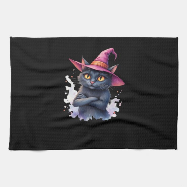Cute Black Cat in Witch Hat – Magical Halloween Ar Tea Towel (Horizontal)