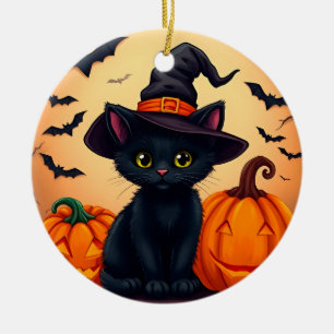 Cute Black Cat in Witch Hat Surrounded by Pumpkins Ceramic Tree Decoration