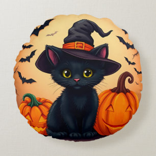 Cute Black Cat in Witch Hat Surrounded by Pumpkins Round Cushion