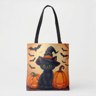 Cute Black Cat in Witch Hat Surrounded by Pumpkins Tote Bag