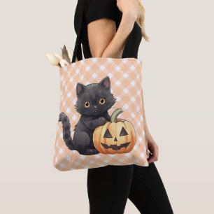 Cute Black Cat & Jack-O' Lantern Halloween Tote Bag