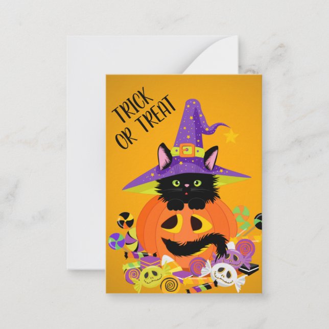 Cute Black Cat Jack o Lantern Hat Trick Treat Card (Front)