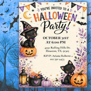 cute Black Cat Kids Halloween Party Invitation