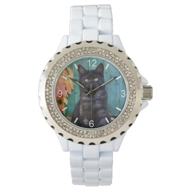 Cute Black Cat Kitten Blue Door Photo - dial-plate Watch (Front)