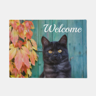 Cute Black Cat Kitten Red Leaves Blue Door Welcome Doormat
