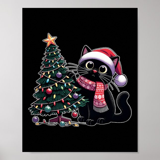 Cute Black Cat Kitten Santa Hat Christmas Tree Xma Poster (Front)