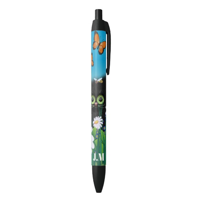 Cute Black Cat Kitten with Daisies Monogram Black Ink Pen (Bottom (Vertical))