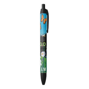 Cute Black Cat Kitten with Daisies Monogram Ink Pen