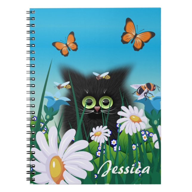 Cute Black Cat Kitten with Daisies Personalised Notebook (Front)