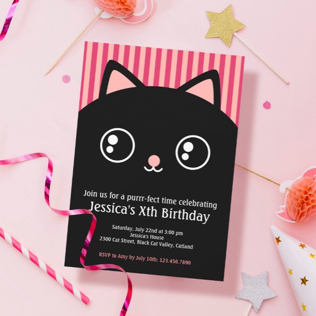 Cute Black Cat Kitty Face Kids Birthday Invitation (Creator Uploaded)