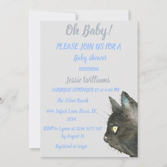 Cute Black Cat Kitty Kitten Blue Baby boy shower  Invitation (Front)