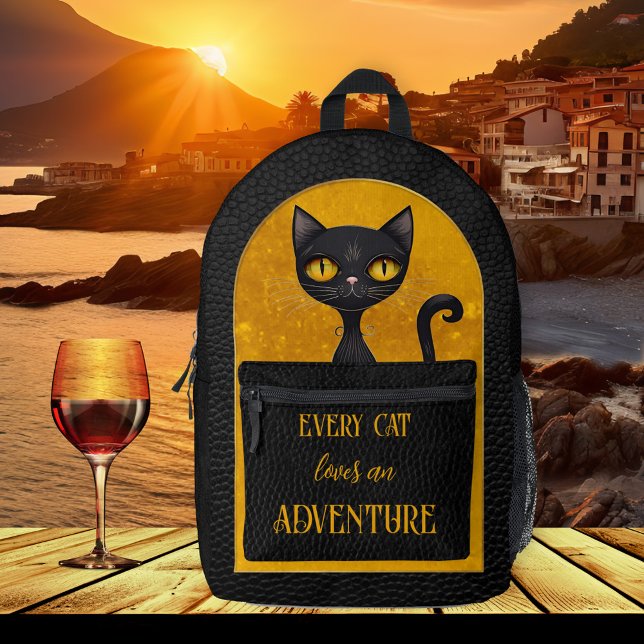 Cute Black Cat Leather Look Printed Backpack (Funny cat backpack featuring a cute black kitty with an ocher pattern on black leather (printed))