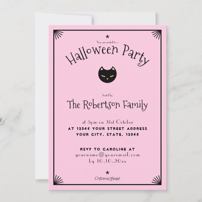 Cute Black Cat Light Pink Pastel Halloween Invitation (Front)