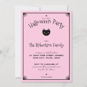 Cute Black Cat Light Pink Pastel Halloween Invitation