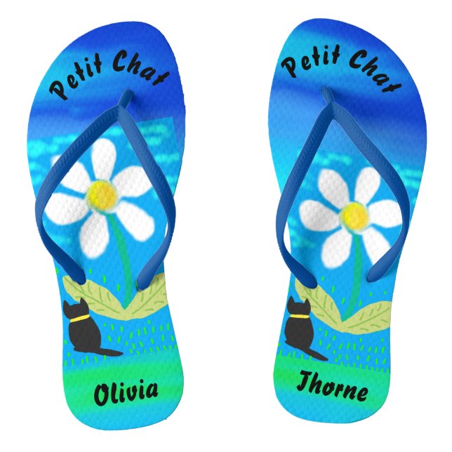 Cute Black cat lives in Wonderland Daisy Garden Flip Flops (Footbed)