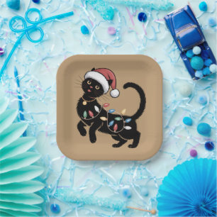 Cute Black Cat Lover Christmas Mum Gift Holiday Paper Plate