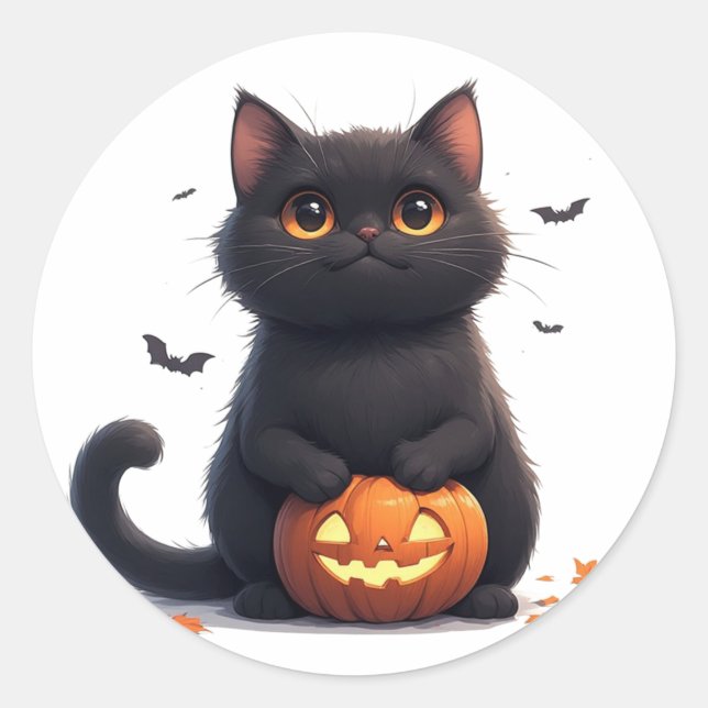 Cute Black Cat Magic Halloween Theme 🎃 Classic Round Sticker (Front)