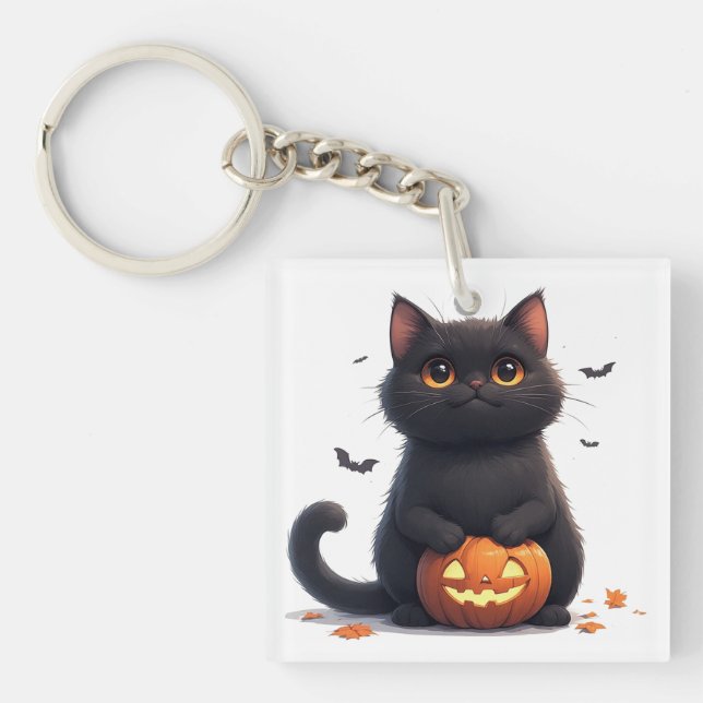 Cute Black Cat Magic Halloween Theme 🎃 Key Ring (Front)