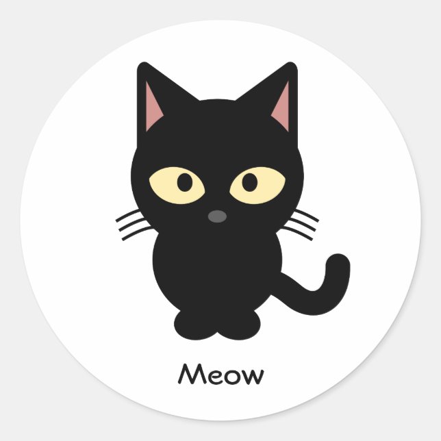 Cute black cat meow cartoon classic round sticker (Front)