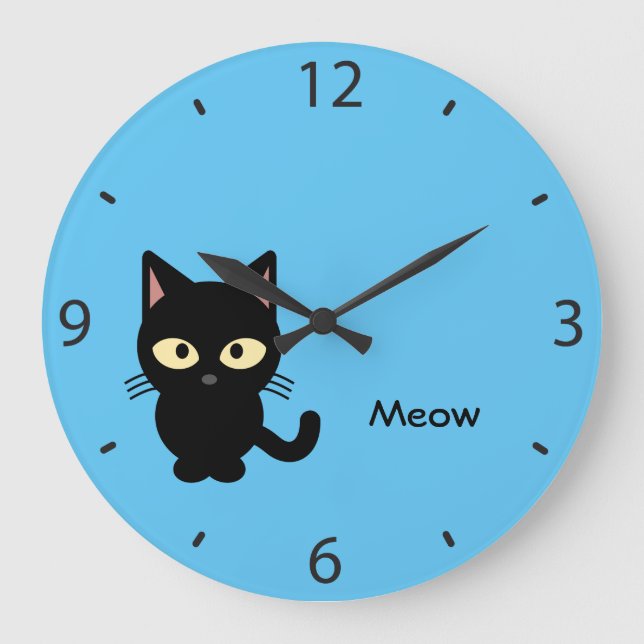 Cute black cat meow cartoon large clock (Front)