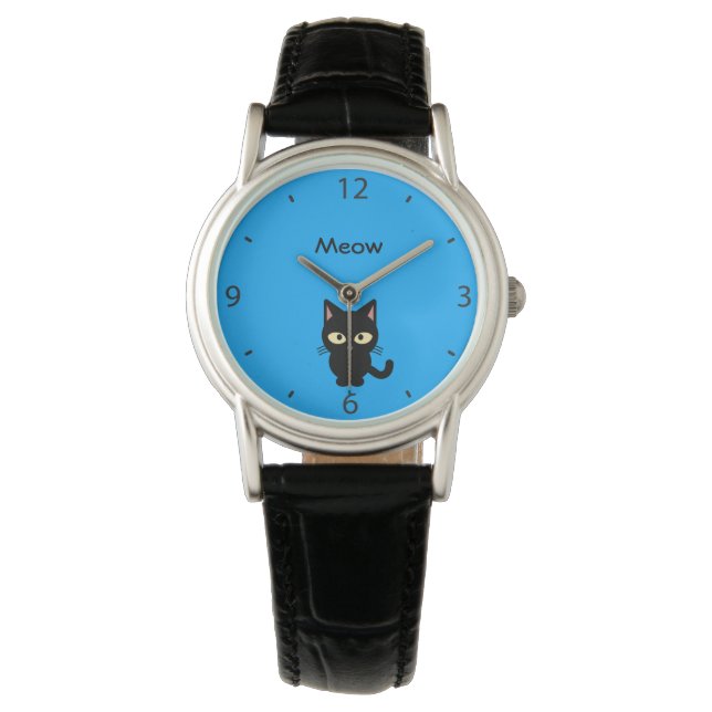 Cute black cat meow cartoon watch (Front)