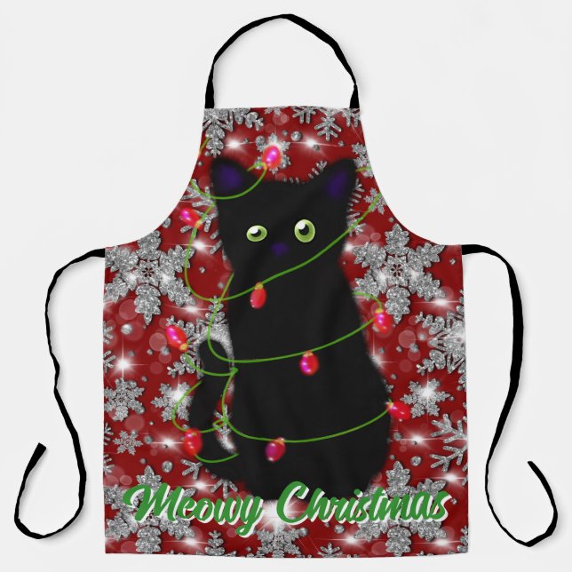 Cute black cat Meowy Christmas Apron (Front)